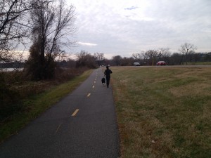 Along the Mount Vernon Trail a jogger and dog exercise