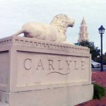 Carlyle lion statue with Masonic Temple in background