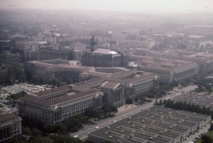 Aerial view of Federal Triangle and Old Post Office Pavilion in 1956